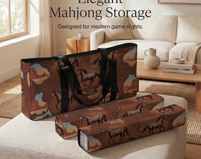 Wild West Horse Mahjong Tote Bag Set with Protective Tile and Rack Storage Sleeves