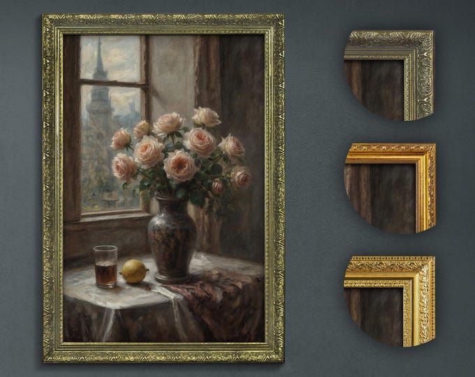 Romantic Rose Vase Art Print, Dark Academia Decor, Vintage Still Life by the Window, Timeless Floral Scene, Elegant Antique Aesthetic Art