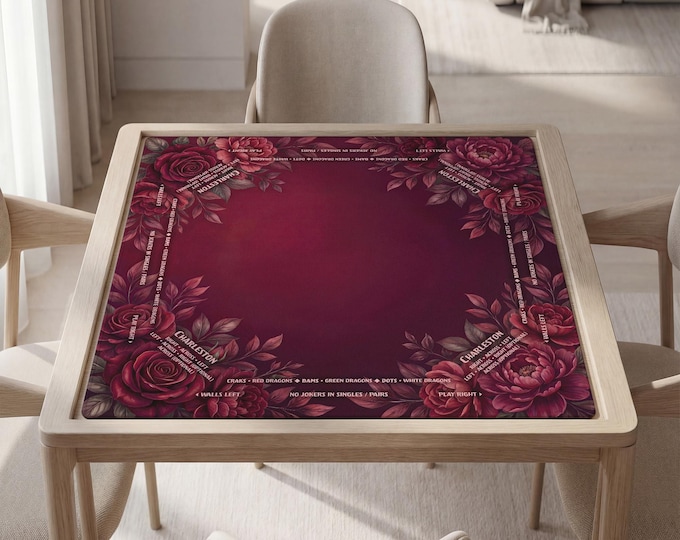 Burgundy Floral Mahjong Mat with Instructions (Rules), Personalized Table Pad