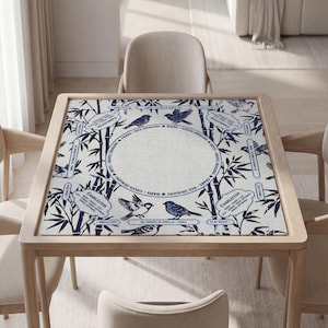 Custom Mahjong Mat, Blue White Bamboo, Sparrow Art, Waterproof Base, Non-Slip Rubber