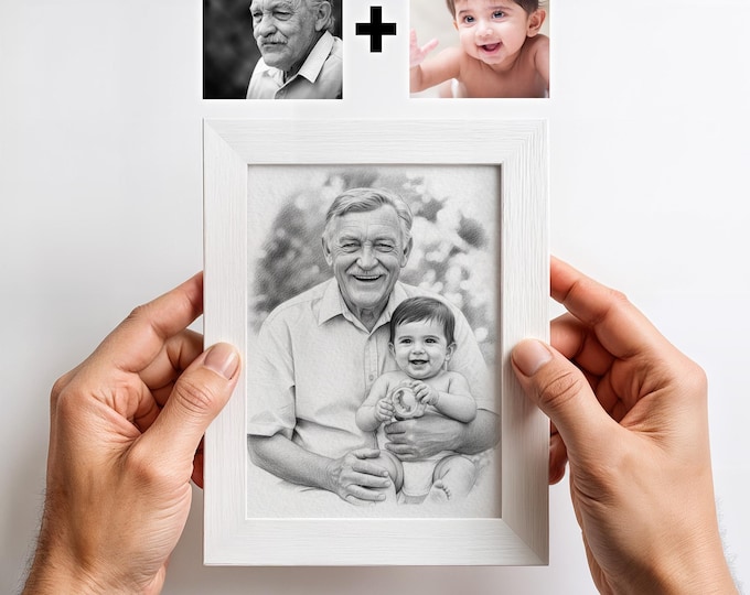 Grandparent and Grandkid Portrait: Custom Pencil Art Print from Two Photos