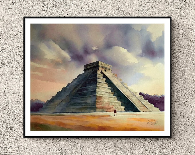 Chichen Itza Pyramid Watercolor Print Mexico Art Premium Quality Travel Poster Artful Wall Decor Unframed Wall Art