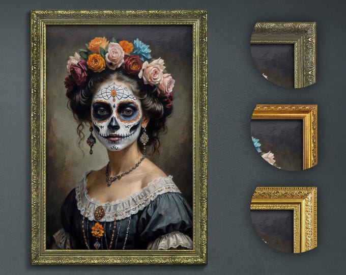 Vintage Mexican Catrina Portrait, Dark Academia Floral Skull Art, Gothic Dia de los Muertos Wall Decor, Elegant Day of the Dead Artwork