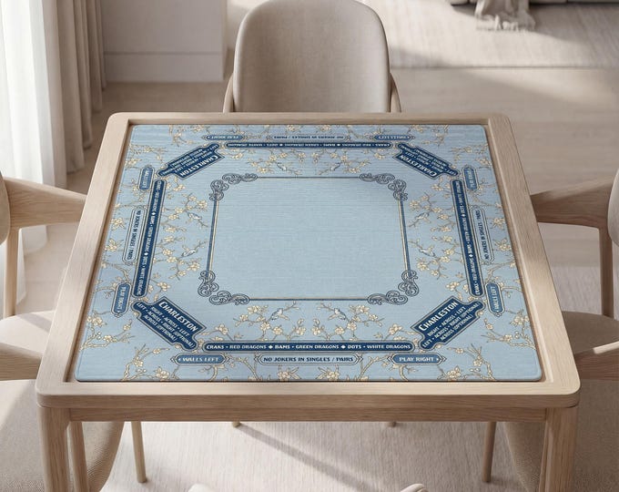 Mahjong Table Mat with Instructions: Light Blue Floral Pattern - Custom Text Option, Bag Included