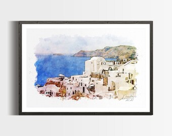 Santorini Watercolor Print, Greece Wall Art Poster, Greece Travel Art Print, Unframed Watercolor Giclee Print