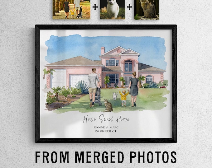 Custom Watercolor House Portrait: Home, Owner, and Pets from Photos