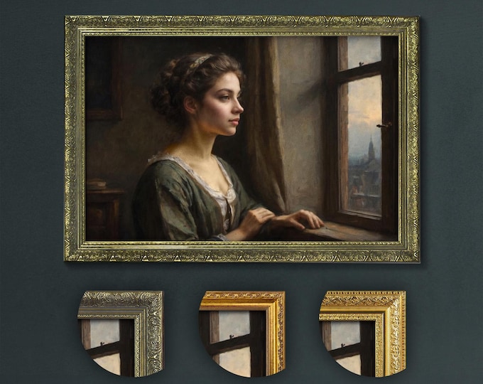 Reflective Woman at Window, Dark Academia Art, Romantic Era Portrait, Moody Decorative Art, Serene Urban View, Vintage Elegance Decor