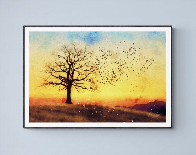 Sunrise Mixed Media Watercolor Print Large Wall Decor Tree Wall Art Poster Unframed Watercolor Giclee Print