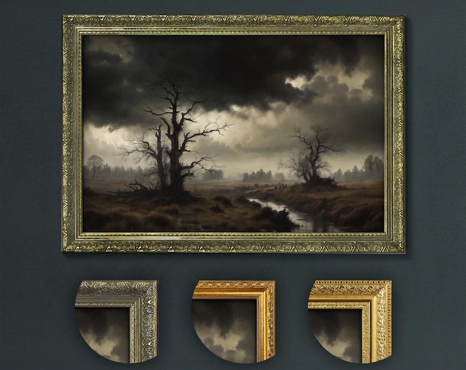 Stormy Gothic Landscape Art Print, Dark Academia Decor, Eerie Bare Trees, Moody Sky, Dramatic Clouds Over River, VIntage Style Wall Art