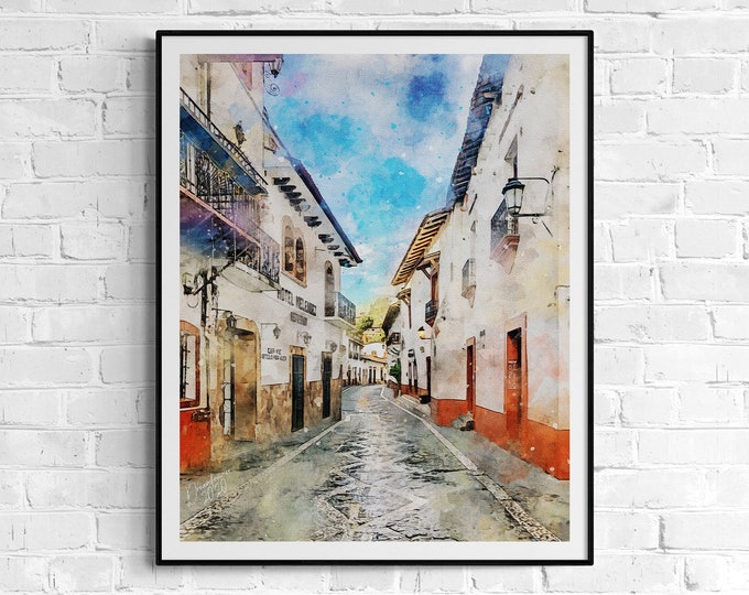 Taxco de Alarcon Watercolor Print Mexico Art Premium Quality Travel Poster Artful Wall Decor Unframed Wall Art