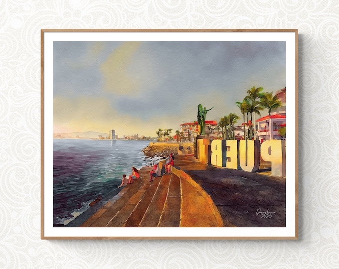 Puerto Vallarta Malecon Watercolor Print Mexico Art Premium Quality Travel Poster Artful Wall Decor Unframed Wall Art