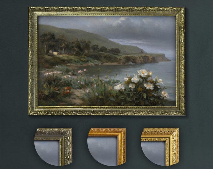 Coastal Landscape Art Print, Dark Academia Style, Serene Beach and Wildflowers, Cliffside View under Stormy Skies, Tranquil Ocean Artwork
