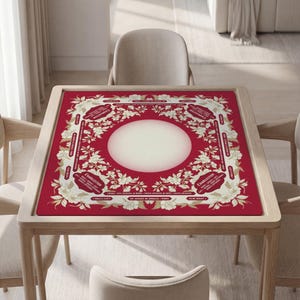 Custom Mahjong Mat, Red Floral Vintage, Soft Polyester, Non-Slip Backing