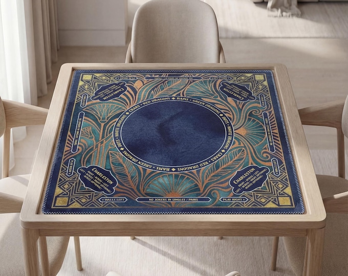Personalized Dark Blue Art Deco Mahjong Mat with Rules (Instructions), Bag Included