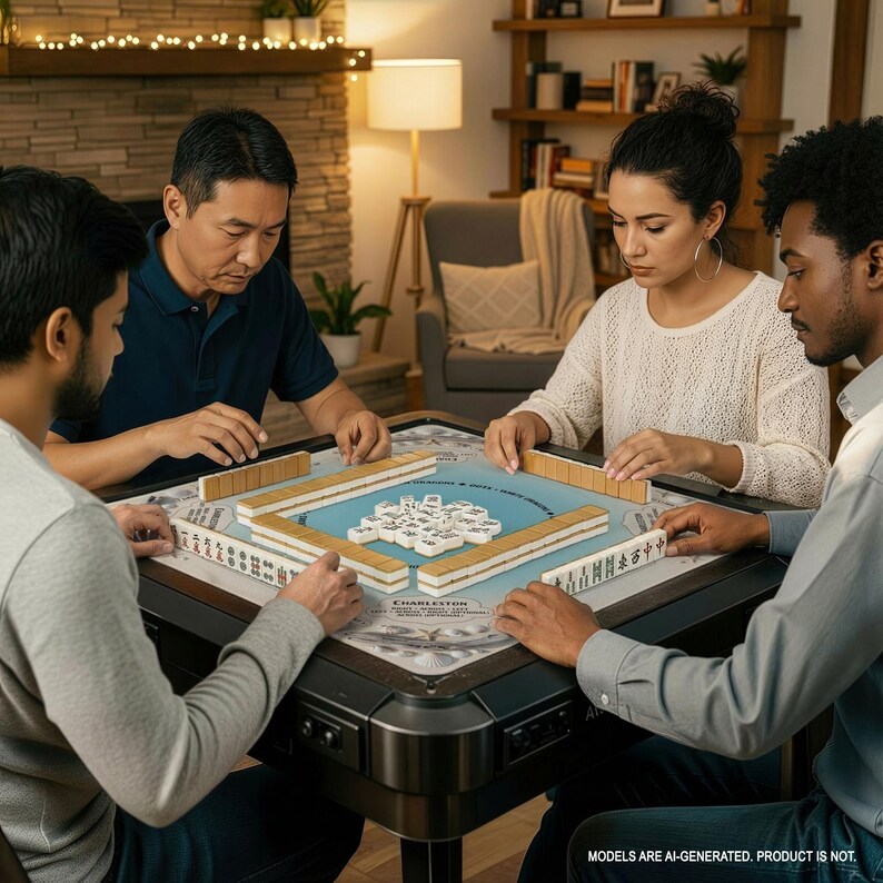 A group of four people are playing a game on a large table, with a blue and white game board and pieces visible.