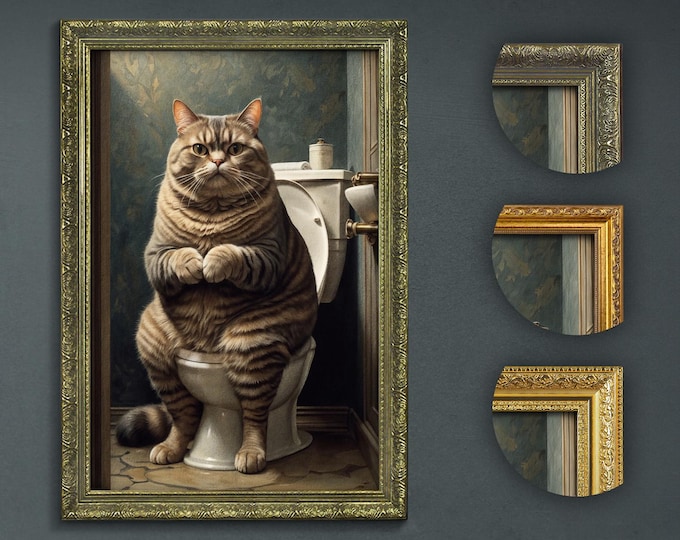 Funny Bathroom Art, Cat on a Toilet in a Bathroom, Funny Dark Academia Decor, Decorative Funny Art, Funny Eclectic Print, Bathroom Cat Print