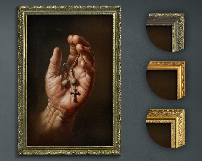 Dark Academia Rosary Hand Print: Moody Christian Wall Art