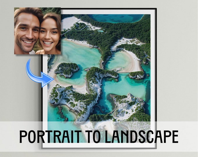 Couple Portrait, Unique Engagement Gift, Personalized Coastal Landscape from Your Face, Personalized Photo, Gift for Couples, Unframed Print