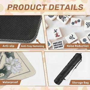 The image is a collage of four different items, including a black anti-slip mat, a set of Chinese tiles, a noise reduction bag, and a waterproof storage bag.