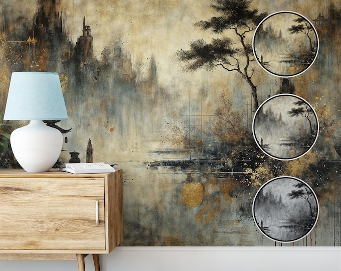 Wabi-Sabi Japanese Landscape Canvas Art, Modern Japandi Self-Adhesive Wallpaper, Tranquil Nature Scene, Mystical Eastern Artwork, Zen Decor