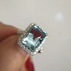 3Ct Emerald Cut Aquamarine & Diamond Halo Engagement Ring 14K White Gold Finish