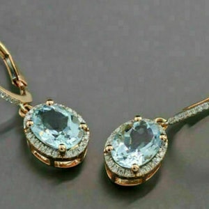 4 ct oval cut aquamarine diamond halo teardrop / long earring 14K yellow gold Plated Sterling Silver