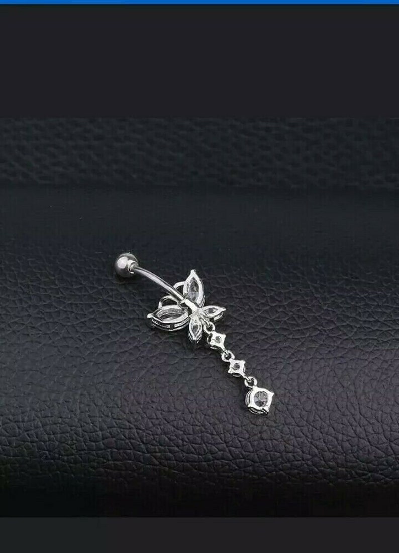 14k White Gold Over Round /& Marquise Diamond Butterfly Dangle Belly Button Ring