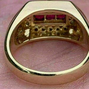 Men's 18K Yellow Gold Over Sterling Silver Ring - Simulated Red Ruby Center With Diamond Accents, Size 11