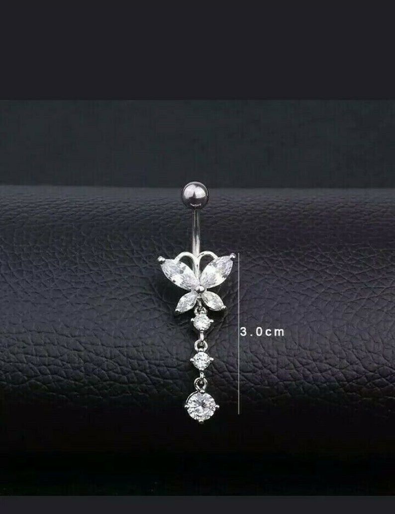 14k White Gold Over Round /& Marquise Diamond Butterfly Dangle Belly Button Ring