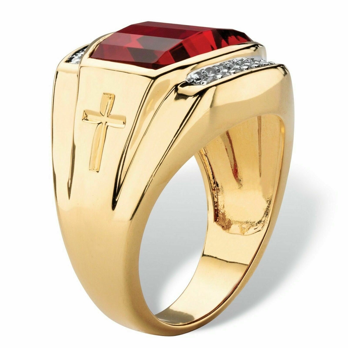 Red Ruby Mens 14K Gold Finish Diamond Accent Gp Cross Etsy