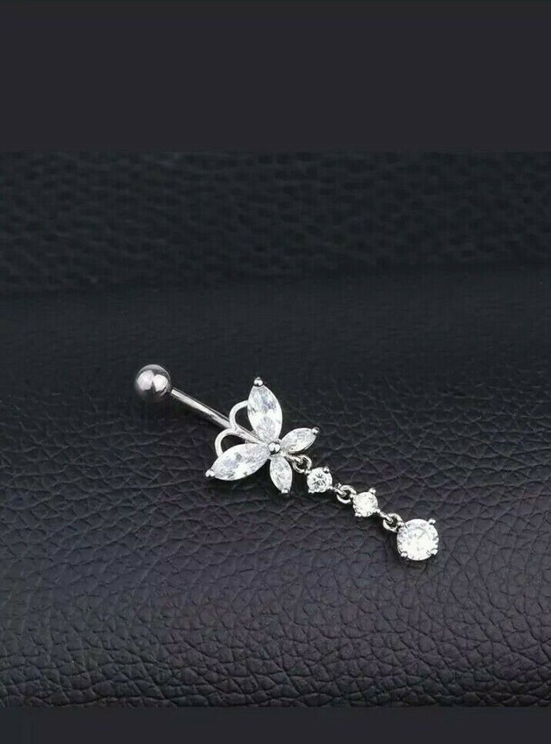 14k White Gold Over Round /& Marquise Diamond Butterfly Dangle Belly Button Ring