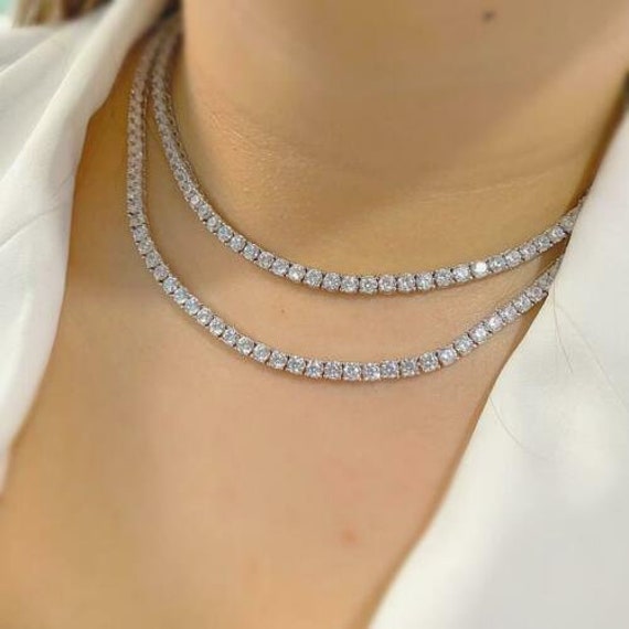 30 ct Round Cut D/VVS1 Diamond Tennis Necklace Solid 14K White Gold Finish Summer Gift,Handmade Jewellery