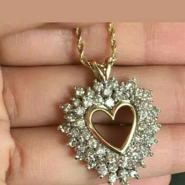 Pendentif coeur diamant rond 3 carats en or jaune 14 carats sur collier Saint-Valentin lui, pendentif coeur diamant, cadeau de mariage, colliers