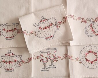Hand Embroidered Flour Sack Towels, Set of 7, Vintage Pattern, Elegant Dishes, Teapot, Teacup, Saucer, Creamer, Sugar