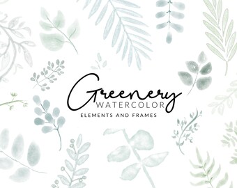 Soft Greenery Watercolor Clipart | Leafs and Stems | Digital Download | Separate Floral PNG Elements | Clipart Frames | Mint Green Clipart
