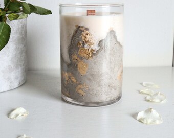 Candle in glass with concrete & gold leaf large