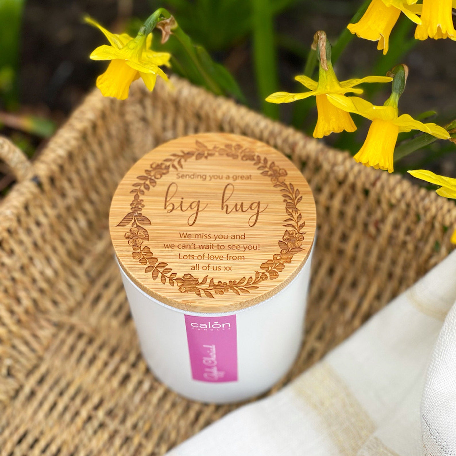 Personalised big hug candle with floral wreath Etsy