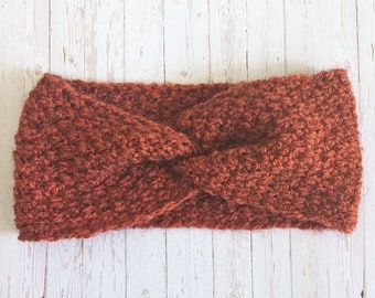 Headband wrap look twist rust red cayenne nub pattern hand knitted