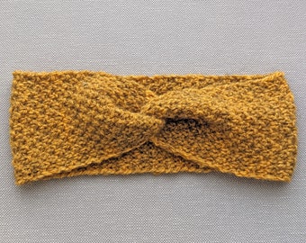 Headband or hairband in a wrap-look twist, color curry mustard yellow, hand-knitted in a nap pattern