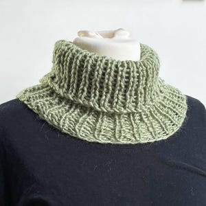 Könnte beinhalten: Ein salbeigrüner gestrickter Schalkragen-Halswärmer. Der Schalkragen ist aus weichem, dickem Garn gefertigt und hat ein schlichtes, geripptes Design.
