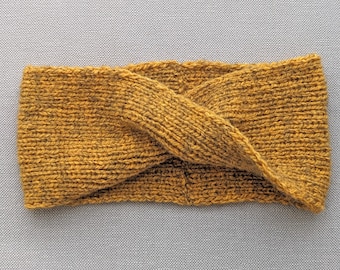 Headband twist twisted Möbius endless loop curry mustard yellow rib pattern hand knitted