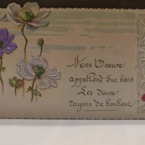 Oude ansichtkaart geschreven in 1903, beste wensen voor het jaar 1903, anemonen in reliëf, bloemblaadjes in prachtige metallic kleuren afbeelding 2