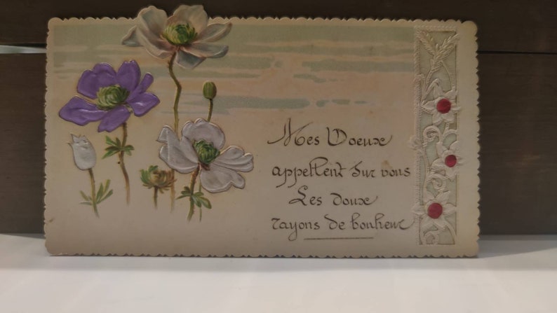 Oude ansichtkaart geschreven in 1903, beste wensen voor het jaar 1903, anemonen in reliëf, bloemblaadjes in prachtige metallic kleuren afbeelding 2