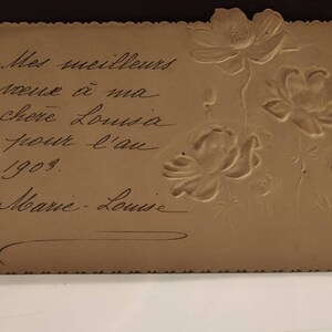 Oude ansichtkaart geschreven in 1903, beste wensen voor het jaar 1903, anemonen in reliëf, bloemblaadjes in prachtige metallic kleuren afbeelding 4
