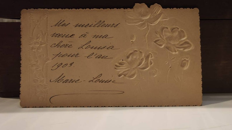 Oude ansichtkaart geschreven in 1903, beste wensen voor het jaar 1903, anemonen in reliëf, bloemblaadjes in prachtige metallic kleuren afbeelding 4