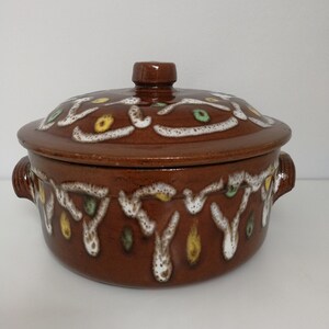 Puede incluir: Una cacerola de cerámica marrón con tapa. La cacerola tiene un diseño floral blanco y verde.