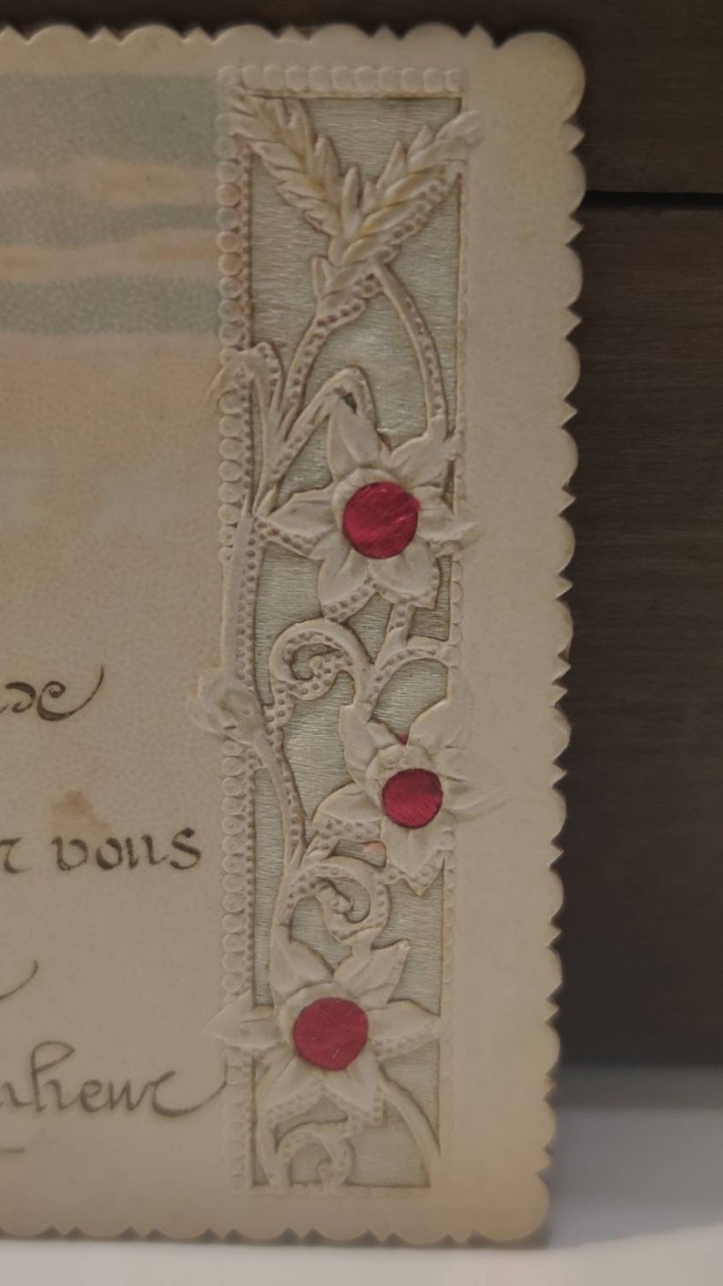 Oude ansichtkaart geschreven in 1903, beste wensen voor het jaar 1903, anemonen in reliëf, bloemblaadjes in prachtige metallic kleuren afbeelding 7