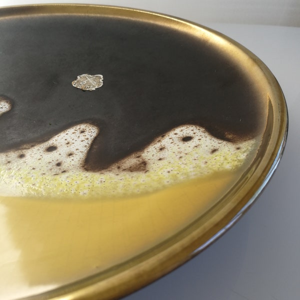 Beautiful flat enamelled yellow and brown - black, label H-HR German ceramic brand, made in Germany, superb melted enamel 60's-70's