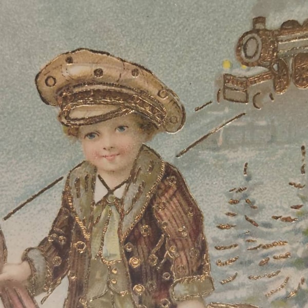 Carte postale ancienne Bonne Année, train, voyageur, valise, parapluie, petits garçon et fille, sapins