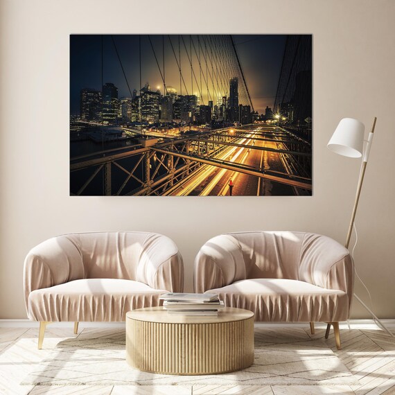 New York City View on Canvas/Brooklyn Bridge at Night Premium | Etsy